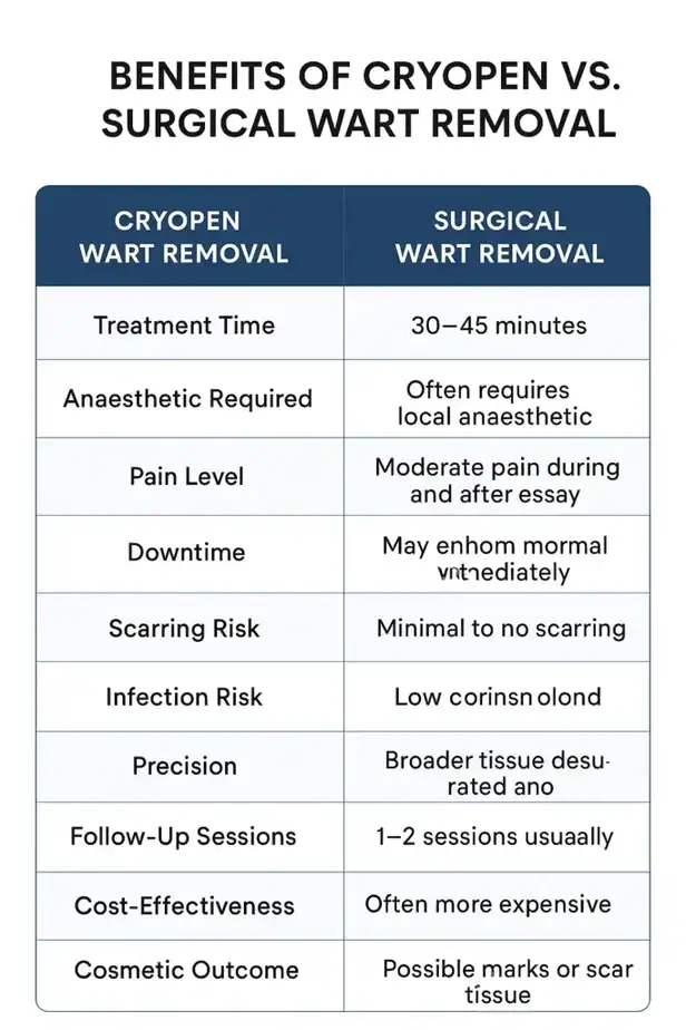 Table showing the benefits of cryopen to remove warts Billericay compared to surgical treatment